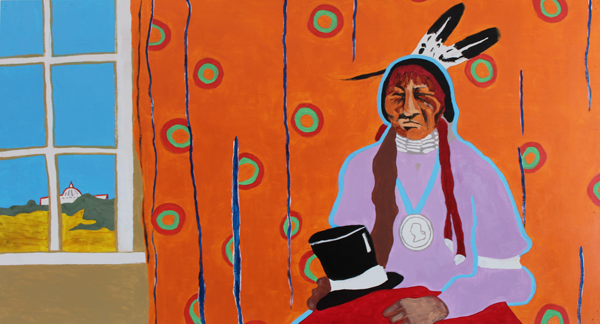 Native American sits in front of an orange curtain with circular patterns on it and the white house can be seen through a window in the background