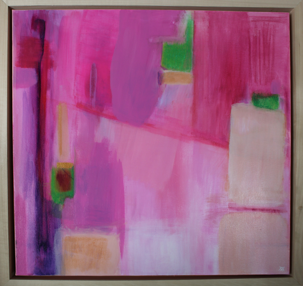Pink, green, tan and yellow ochre pieces of color placed in interesting positions in the composition