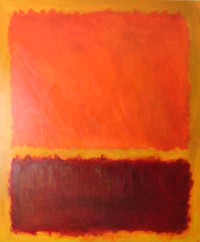 Large color field image of block of orange on top of block of crimson with yellow ochre background