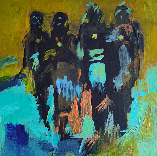 colorful painting of 4 human like images appearing from the dark of the painting