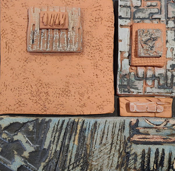 Terra cotta pieces resembling architectural and textural feeling of Templo Mayor in Mexico City, Mexico