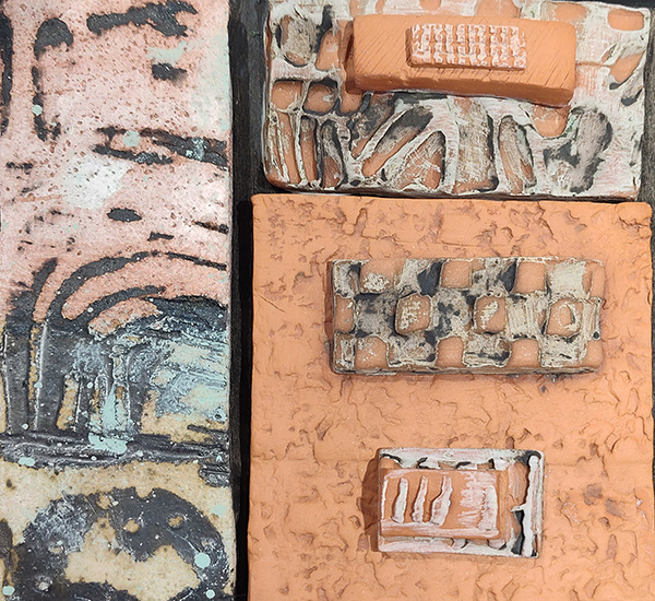 Terra cotta pieces resembling architectural and textural feeling of Templo Mayor in Mexico City, Mexico