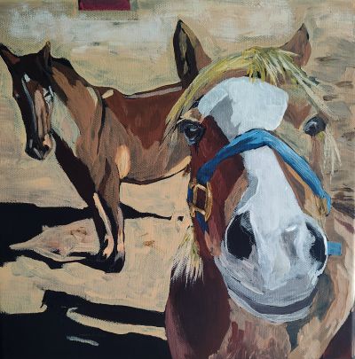 acrylic painting of one horse looking closely in to the viewer and one horse behind the front horse