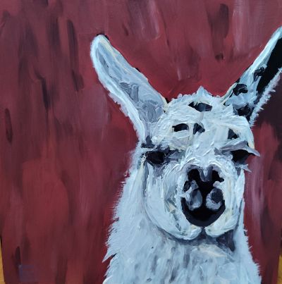 painting of white llama in front of plumb colored background