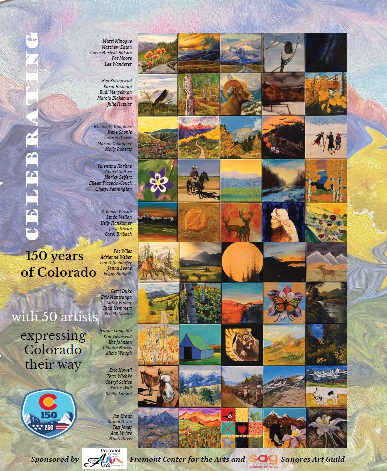 Sangres Art Guild poster with 50 painting images in a quilt pattern